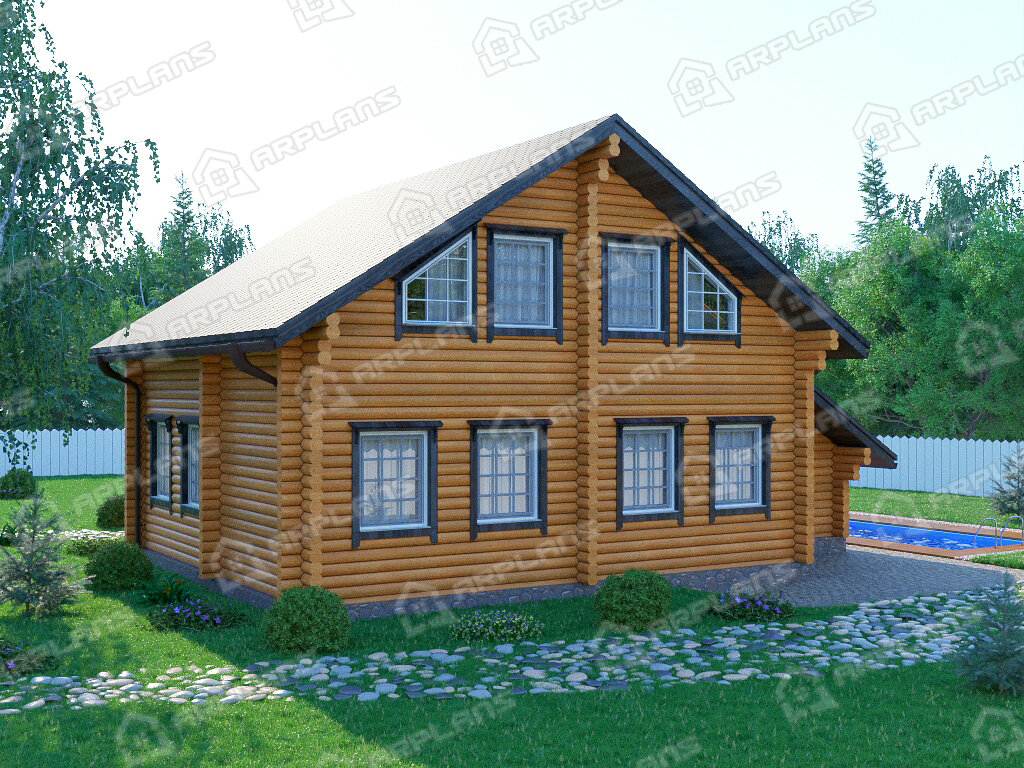 Фото 2 деревянного двухэтажного дома из бревна с мансардой, 3 спальнями, кабинетом, балконом, гаражом и террасой. Общая площадь 160 кв м. Источник arplans.ru Проект ДО-086 