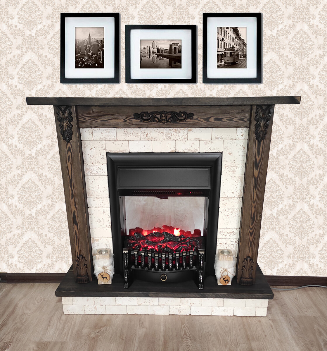 Каминокомплект: портал из натурального дерева и гипсового камня и электрический очаг Fobos.