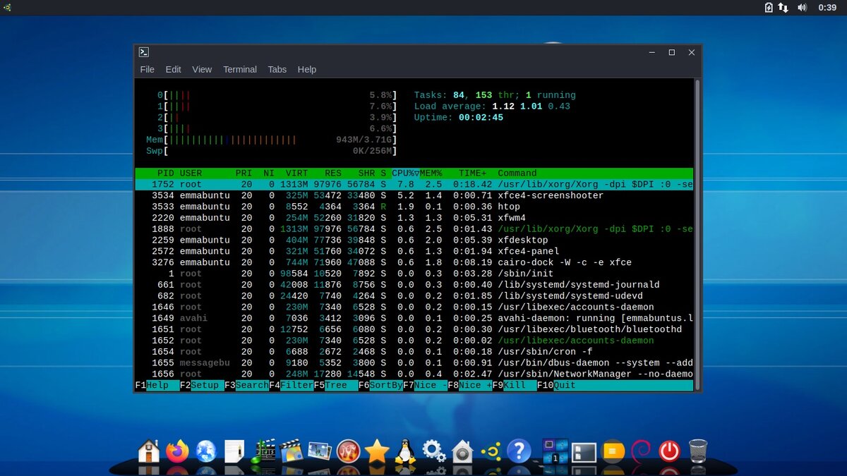 Производительность системы находится на достойном уровне, после старта дистрибутив укладывается в 1Гб оперативной памяти, с оболочкой XFCE.