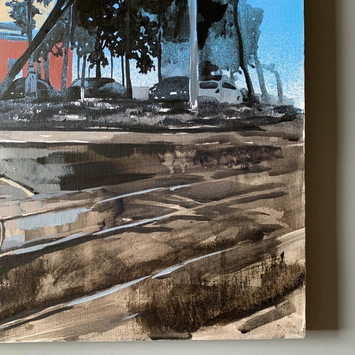 «От театра Тиволи до кинотеатра Луч и Дома Молодежи». Фрагмент. Холст, акрил. 70х70 см. Июль 2022. Фото Дарьи Онацкой
