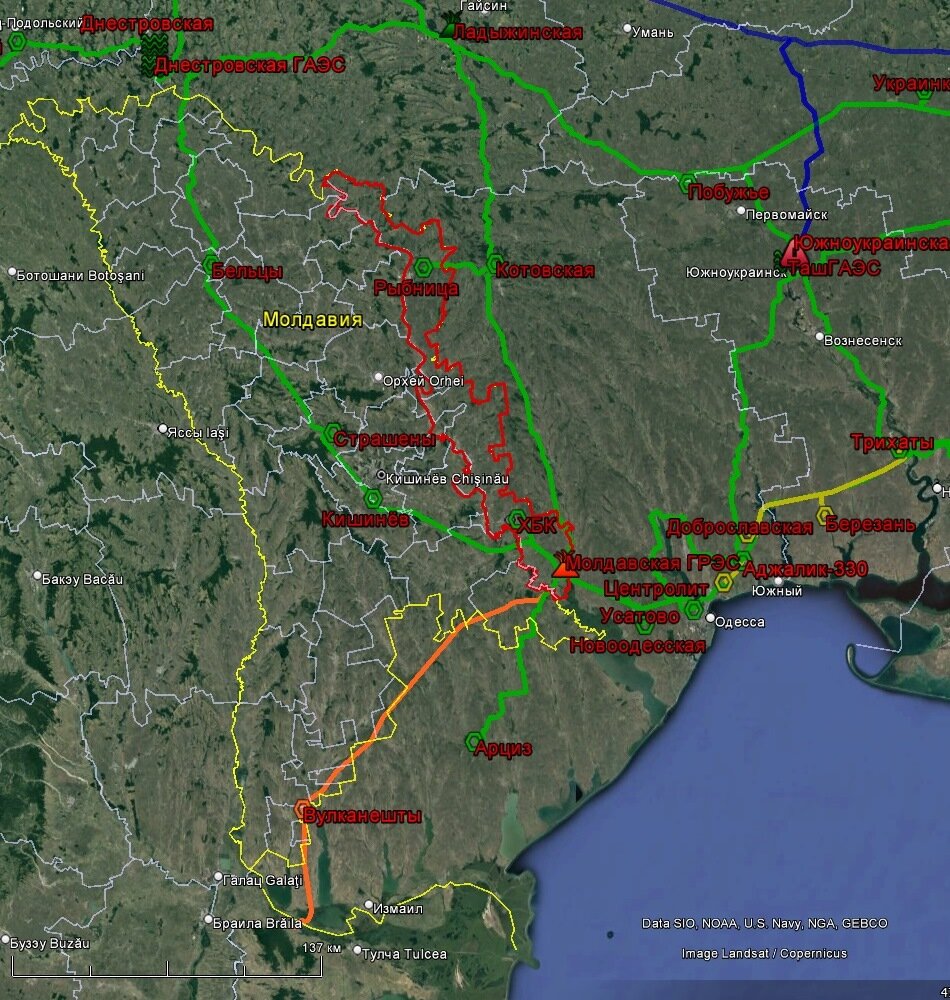 Украинская энергосистема в районе Молдавской ГРЭС. Синим цветом показаны ВЛ 750 кВ, оранжевым – 400 кВ, зелёным – 330 кВ, грязно-жёлтым – 220 кВ. Красным обведена территория Приднестровья