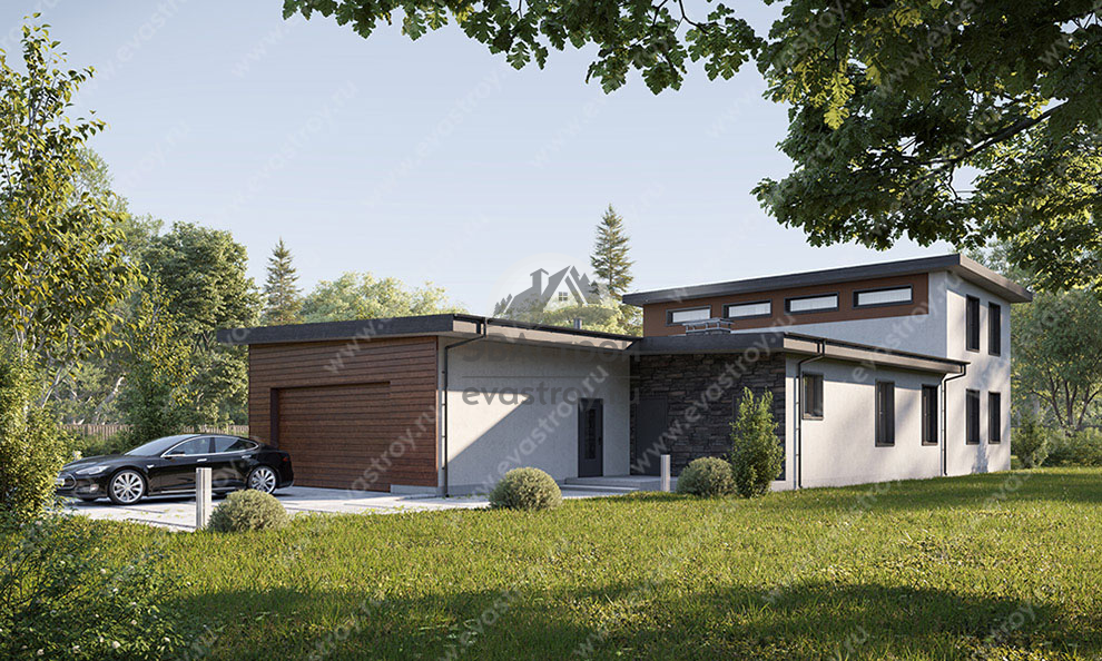 Проект узкого двухэтажного дома 284 м2 с двухместным гаражом и террасой - SRK-12