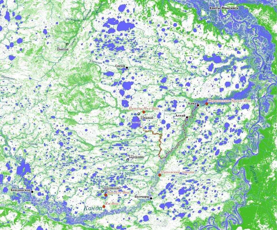 Карта Кондинской низменности, отмечены Богатырские места