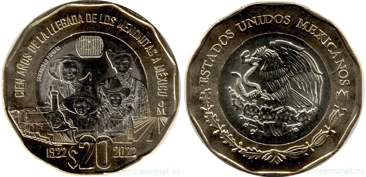 20 песо, Мексика, 2022 г. Биметал, вес 12.67 г, диаметр 30 мм, толщина 2.03 мм, гурт рубчатый с гладкими участками, ориентация монетная
