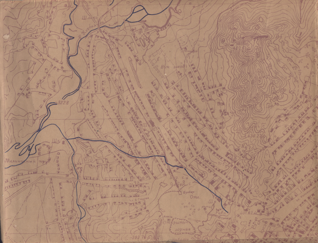 Фрагмент топографического плана Змеиногорска 1948 года (на котором видна узкоколейная дорога)