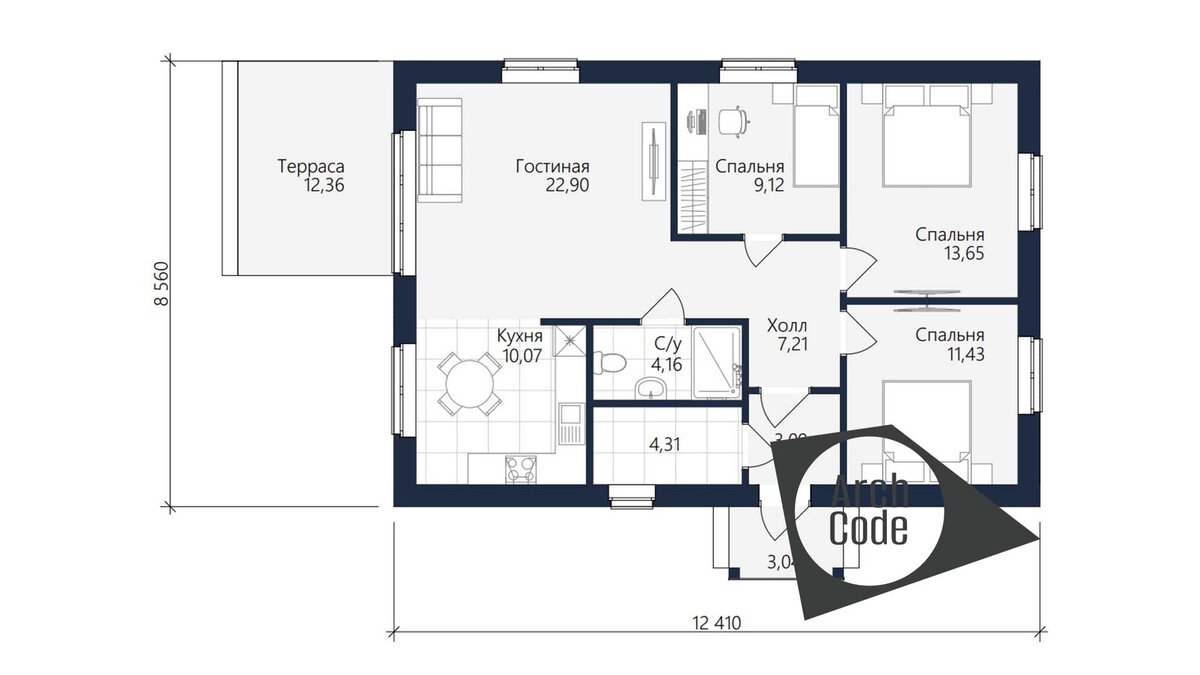 Проект одноэтажного дома 85 кв.м. с тремя спальнями | ArchCode |  Проектирование домов | Дзен