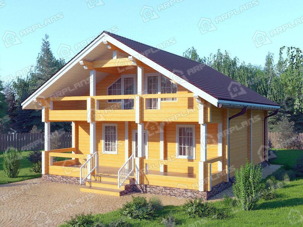 Фото 1 двухэтажного дома из бруса с мансардой, 4 спальнями, балконом и террасой Общая площадь 177 кв м. Источник arplans.ru Проект ДС-053