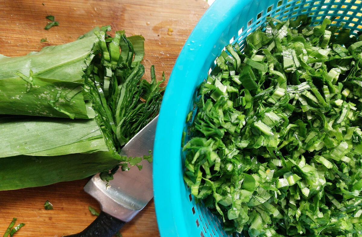 Фото процесса измельчения листьев черемши для заморозки. Мое