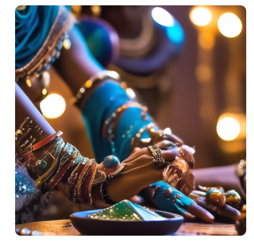 Изображение сгенерировано нейросетью Шедеврум по запросу "мистическая танцовщица этническая сцена космос тайна украшения из камня и стекла"