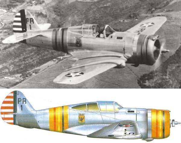 Нарядный, довоенный Curtiss P-36A 18-ой группы (18th PG) над Гавайями, 1940-ой год. К декабрю 41-го года группа была перевооружена на Curtiss P-40B/C. Всего P-36 побывал на вооружении аж девяти групп USAAC (1-ой, 8-ой, 15-ой, 16-ой, 18-ой, 20-ой, 32-ой, 35-ой и 36-ой).