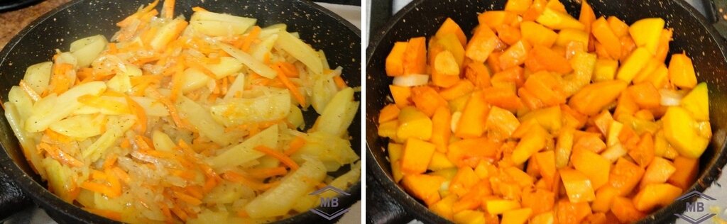 Чем меньше кусочки картофеля и тыквы, тем меньше нужно времени на обжарку овощей