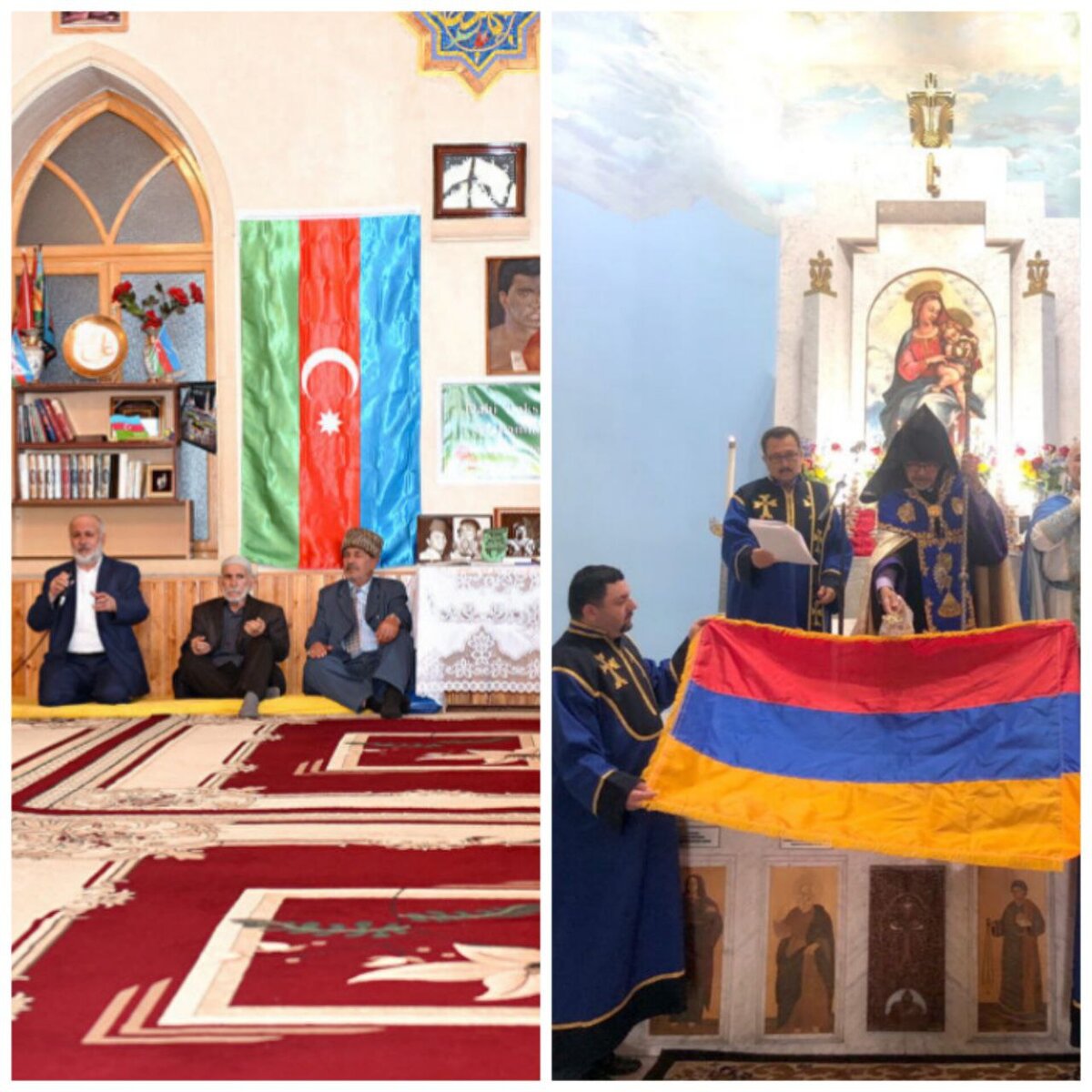 Слева азербайджанские мусульмане, справа — армянские христиане.