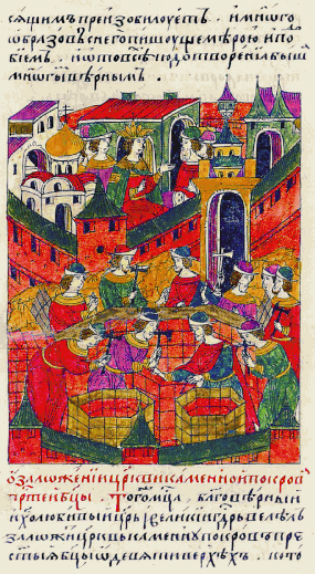 Строительство собора. Миниатюра Лицевого летописного свода XVI века 