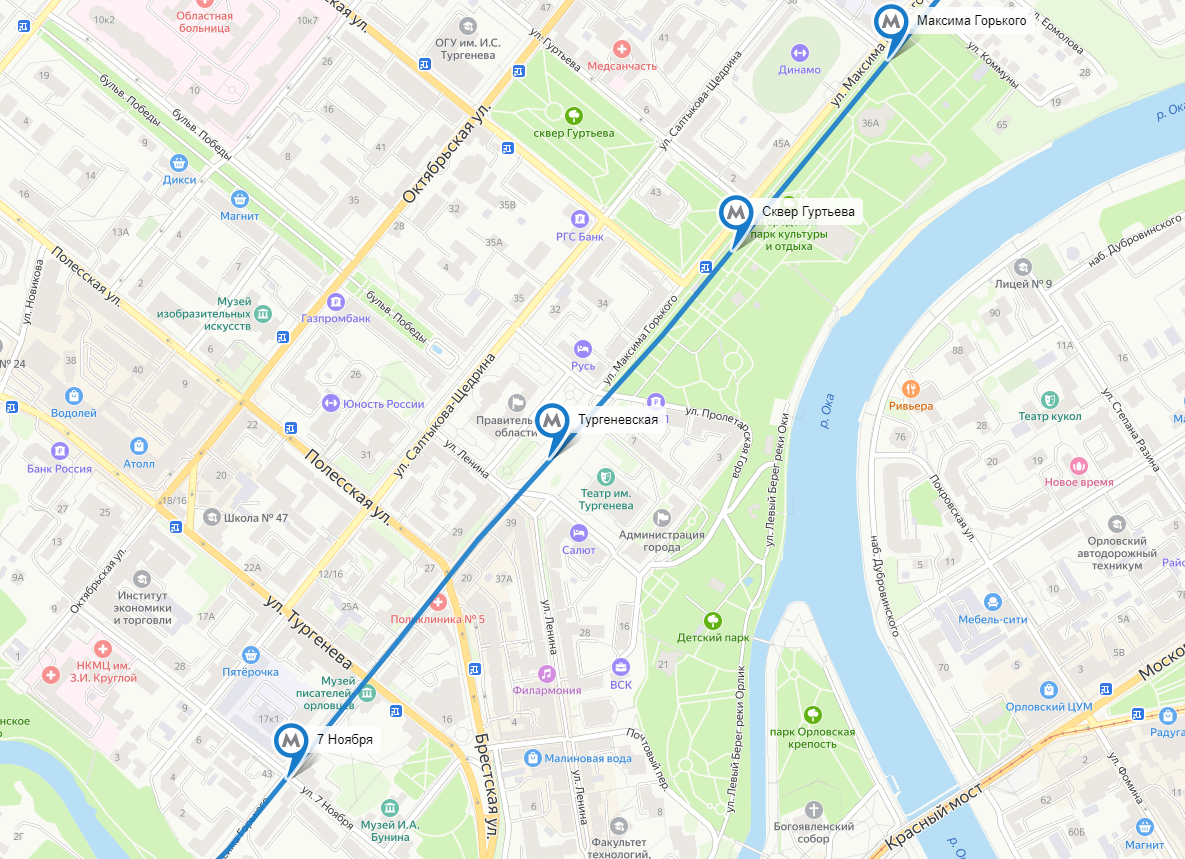 Так хотели провести линию Орловского скоростного трамвая в центре города. Размещение станций примерное.