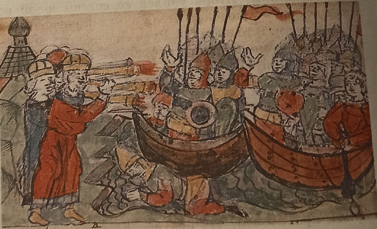 Византийцы сжигают русские корабли. Миниатюра 15 век