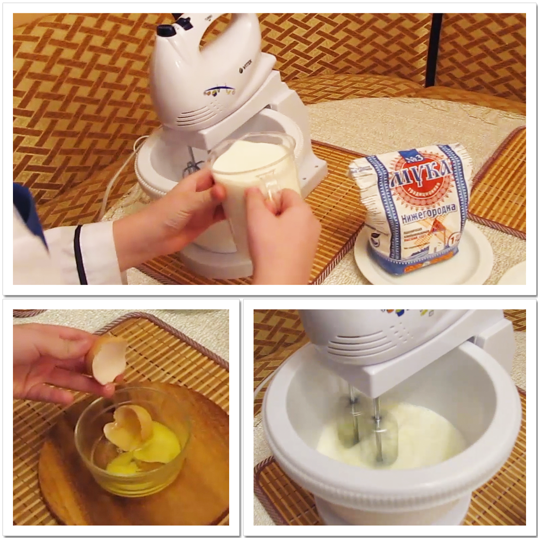 Блинчики - смешивание молока и яиц