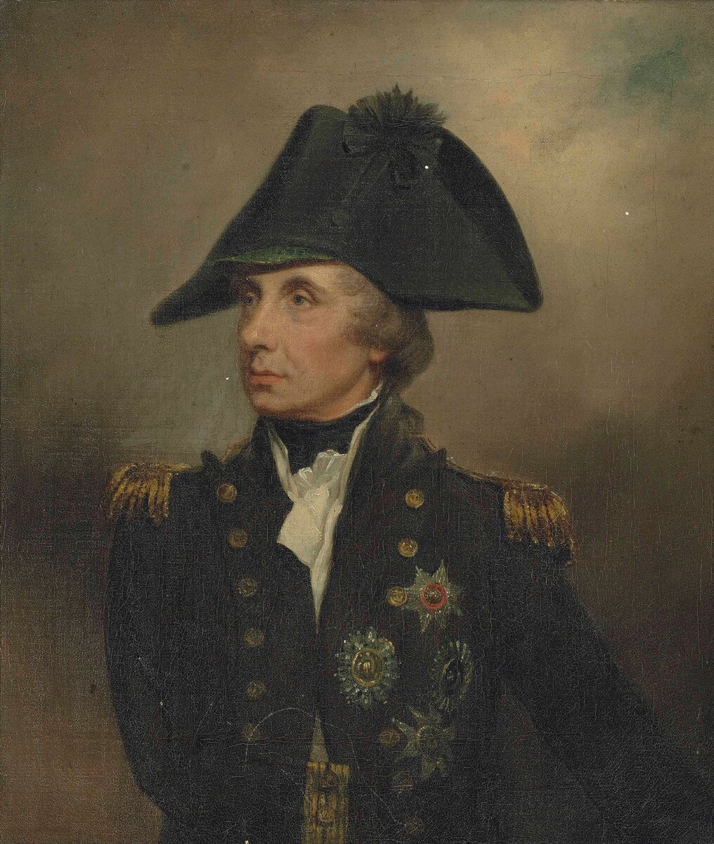 На портрете Нельсон носит зеленый козырек, рекомендованный Томасом Троттером незадолго до битвы при Копенгагене, чтобы защитить глаза от блеска моря.