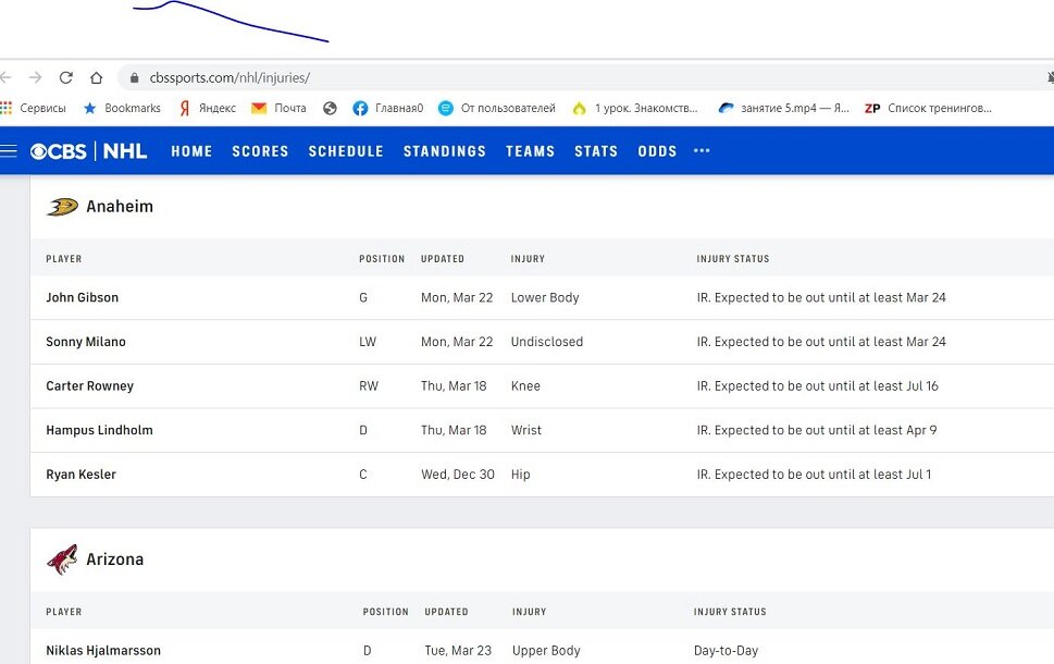 Статистика сайта CBS по травмам хоккеистов НХЛ