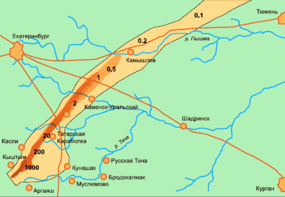 Уральский радиоактивный след подробная карта