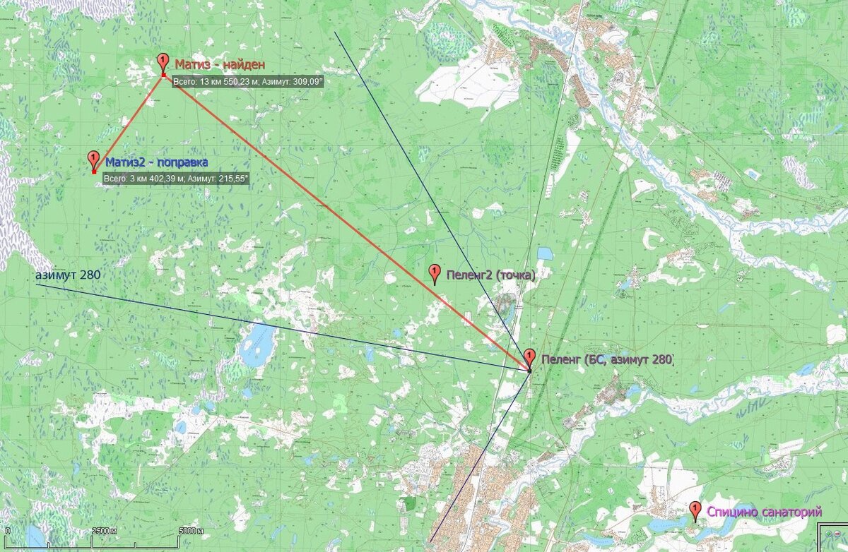 Санаторий Спицино - в правом нижнем углу. Также отмечены данные пеленга мобильного телефона. И место обнаружения Матиза и его водителя.