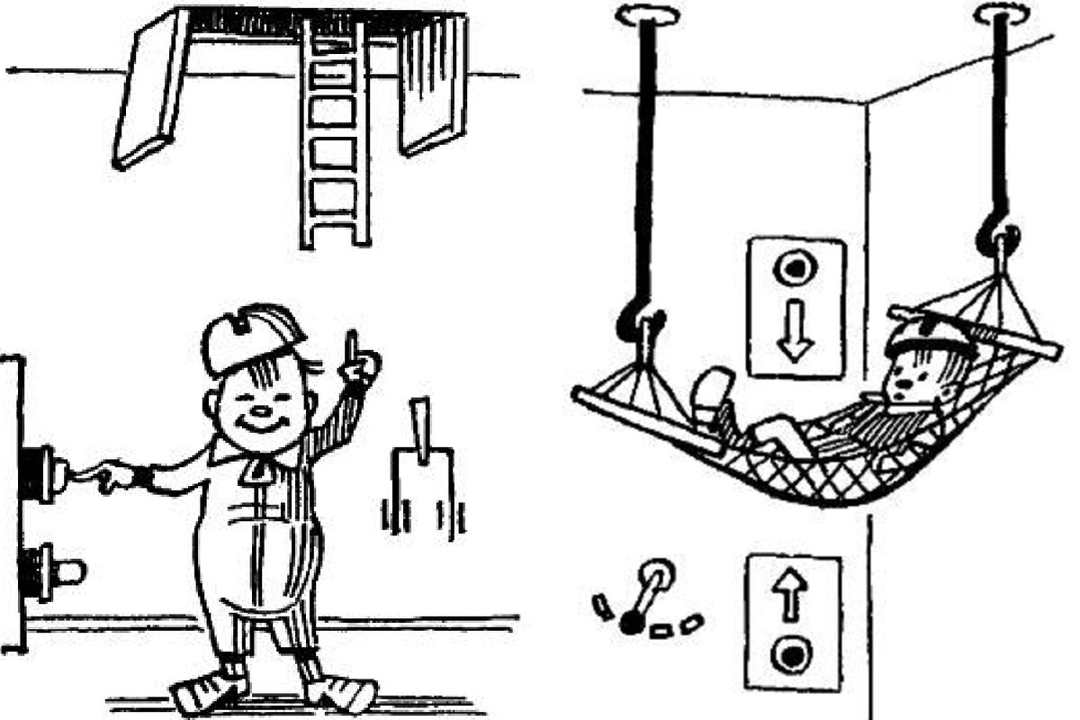 Все в доме Шурупчика автоматизировано. Чтобы опустить лестницу или улечься в гамак, нужно нажать соответствующую кнопку. Важно не перепутать, на что нажимать.