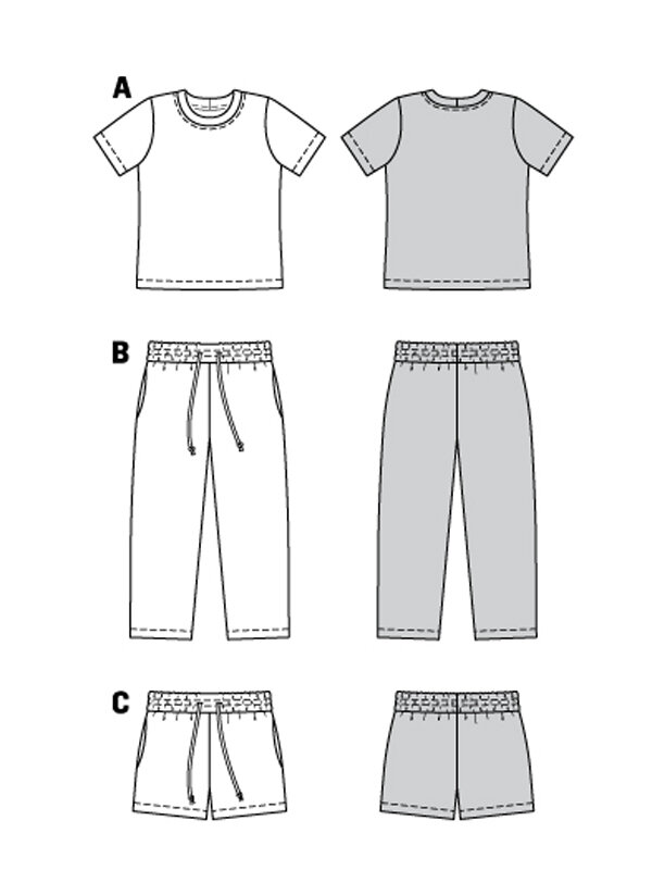 Видите? Тут выкройка на футболку, штанишки и шорты. Понятное дело, что шорты - это отрезанные штаны )), но все равно приятно, это же все входит в одну покупку.