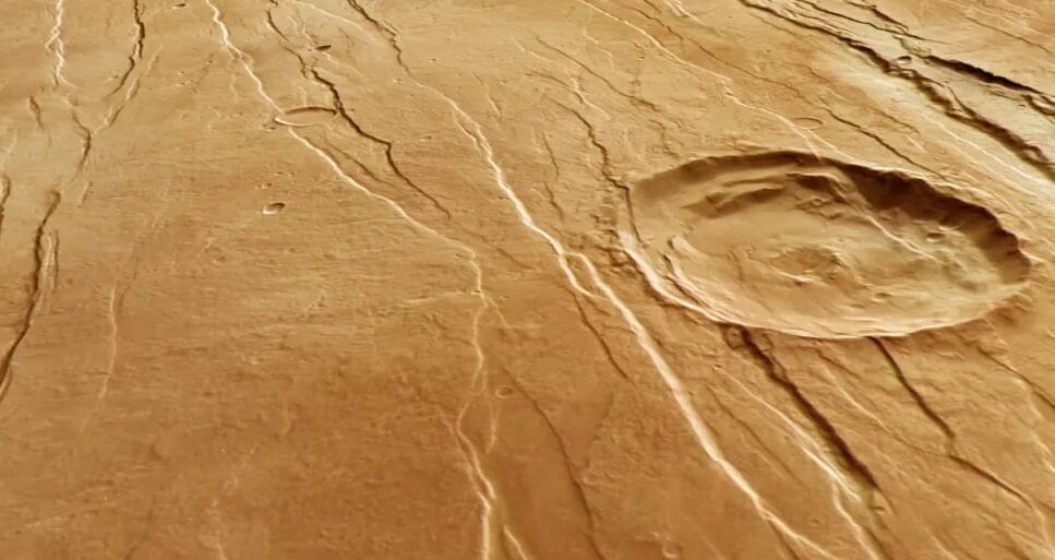 Tantalus Fossae, связанный с горой Альба, на основе данных Mars Express Европейского космического агентства. (Изображение предоставлено ЕКА/DLR/FU Berlin, CC BY-SA 3.0 IGO)