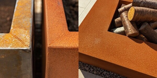 Сразу после изготовления corten steel имеет глянцевую серебристую поверхность и не отличается от обычной нержавейки. Оксидный слой в виде рыжей бархатистой патины появляется с течением времени.