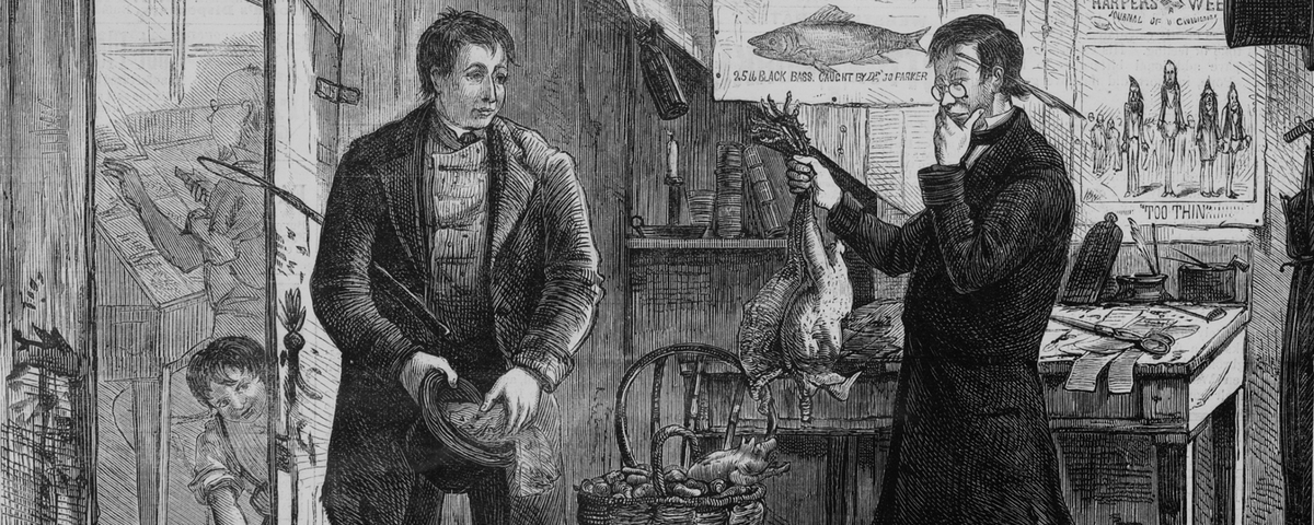 Газетная иллюстрация 1874 года из еженедельника Харпера: человека меняет сельскохозяйственные продукты на ежегодную подписку на газету