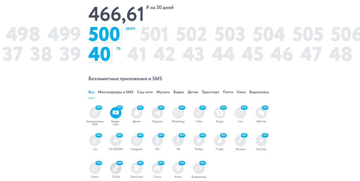 Так может выглядеть тариф из 500 минут, 40 Гб и мобильных приложений с видеоконтентом. Сюда же вы можете добавить (или убрать) и другие безлимитные мобильные приложения и пакет SMS. Пример тарифа для Краснодарского края 