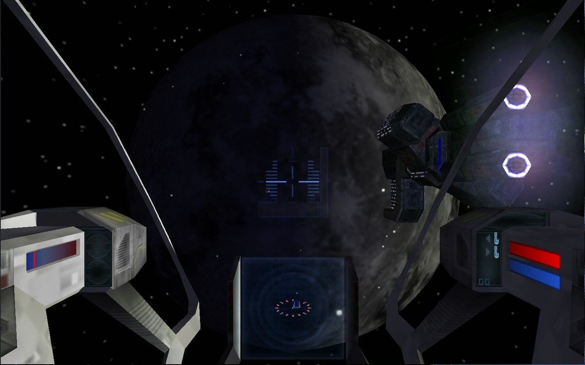 Вид от лица пилота. Слева указан т.н. спидометр с красной полоской ограничения. Справа информация по вооружению, ракетам, энергетическим щитам, и корпусу корабля. 