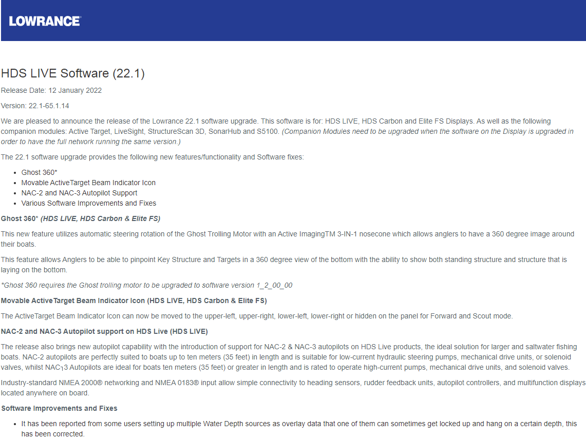 Описание последнего релиза HDS Live на офф сайте lowrance.com
