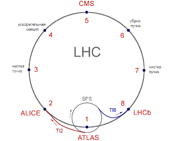 Устройство БАК (на схеме обозначен как LHC — Large Hadron Collider)