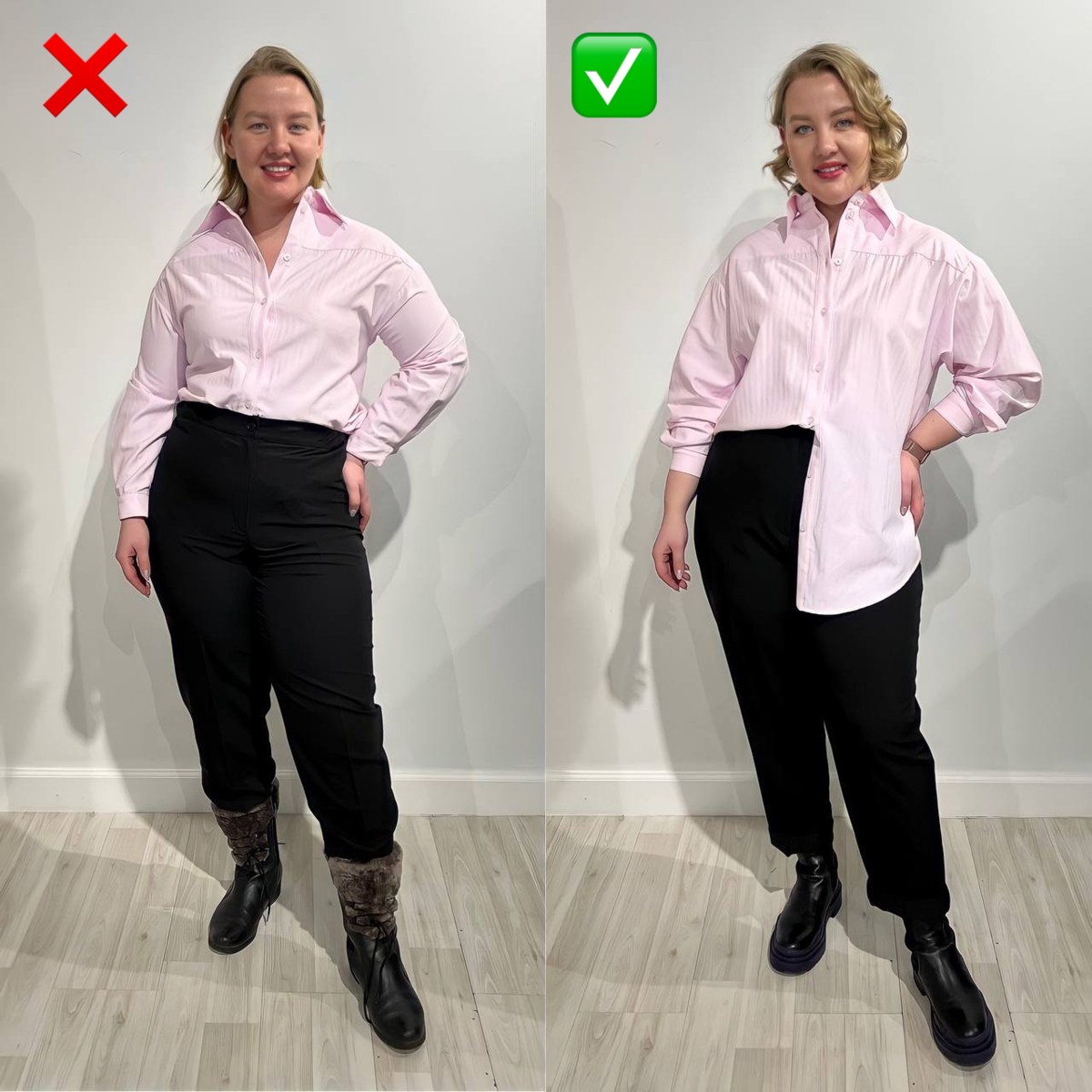 Плохой и хороший пример подбора размера для фигуры плюс-сайз 