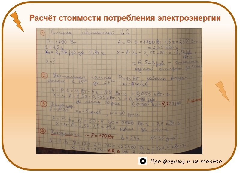 Расчет платы за электроэнергию, потребляемую стиралкой, настольной лампой, телевизором и холодильником 