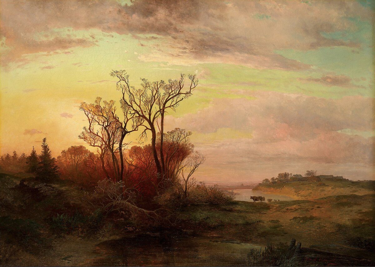 А.Саврасов «Сельский вид в окрестности Москвы при закате солнца» (1858 год; 80х58,5; холст, масло).