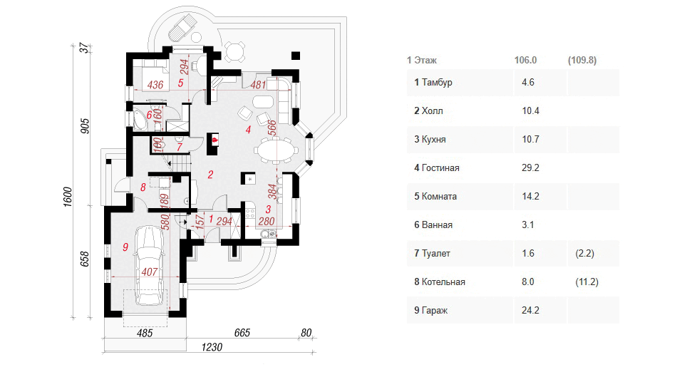 Проект дома 227 м2 с мансардой, эркером, гаражом и террасой - SK-55