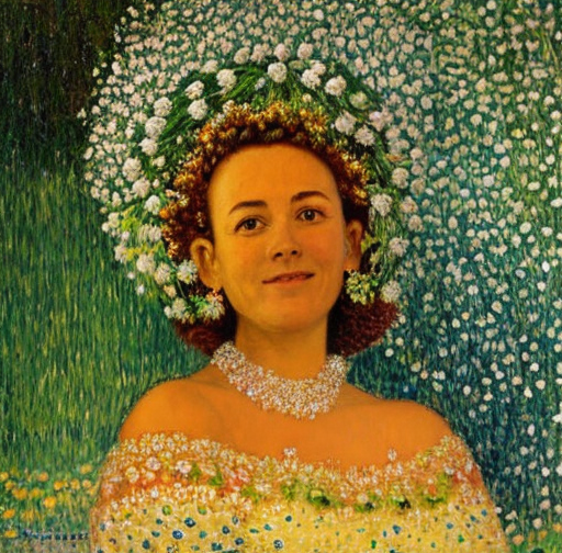 A painting smiling Spring princess in wreath from white snowdrops, in green transparent dress with white snowdrops, sunlight, a pointillism painting, inspired by Gustav Klimt, white background by gustav klimt, beautiful white woman, curvaceous, detailed expression, portrait of sofia vergara