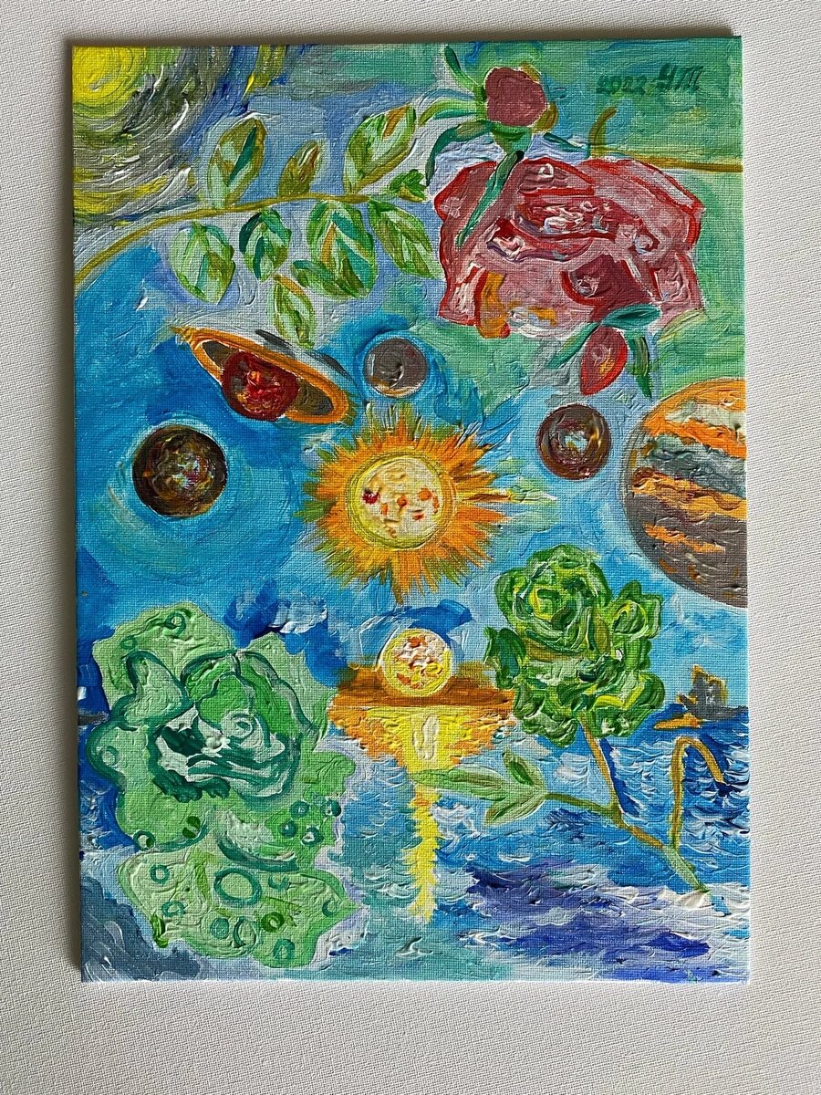 Картина.Art.Painting.Author GuzelM.2022."Sun,moon,roses"."Солнце,луна,розы".Солнце,луна,вселенная,зеленые розы,розовая красная роза.Венера над заходящим солнцем.Неземной аромат розы.Green rose.Мир,вселенная.Галактика.Флора,необычные цветы.Сатурн.Луна.Меркурий.Солнце,гармония.Марс.Юпитер.Океаны,земля,космос.