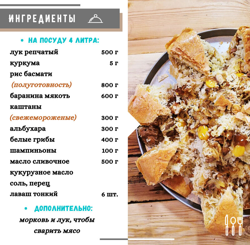 Шах плов ( азерб.- şah plov ) в лаваше с мясом, сухофруктами и каштанами