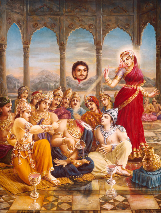 Усечение головы демона Сварбхану, разоблаченного Сурьей и Чандрой