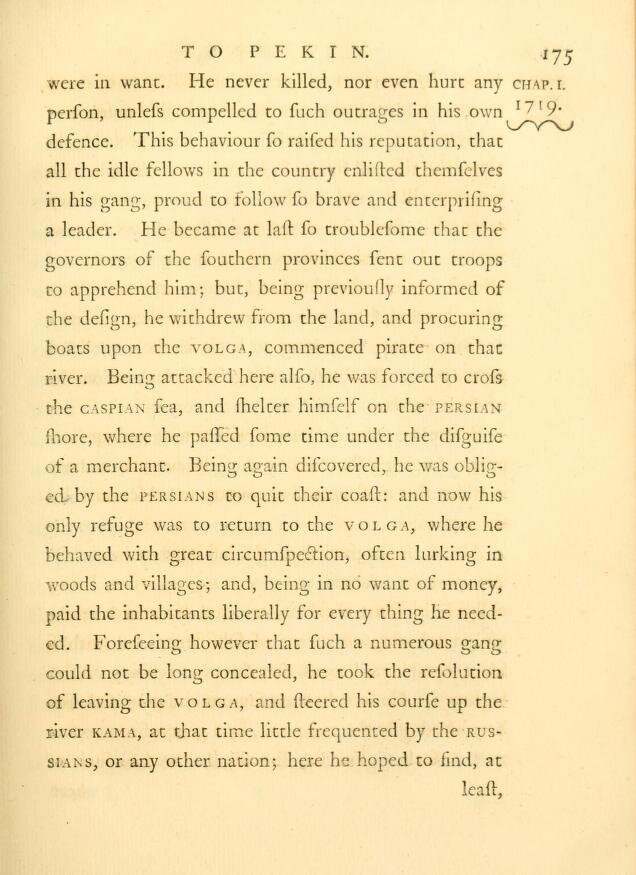 Travels from St. Petersburg, in Russia, to diverse parts of Asia  by Bell, John, 1691-1780. Publication date 1763.
https://archive.org/details/travelsfromstpet01bell