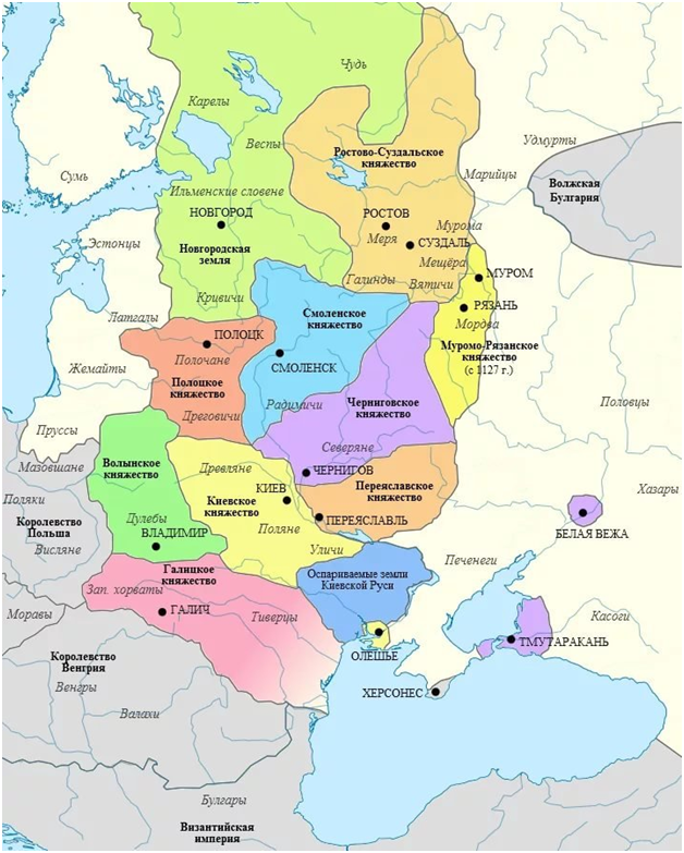 Карта удельных княжеств Древней Руси 12 в.