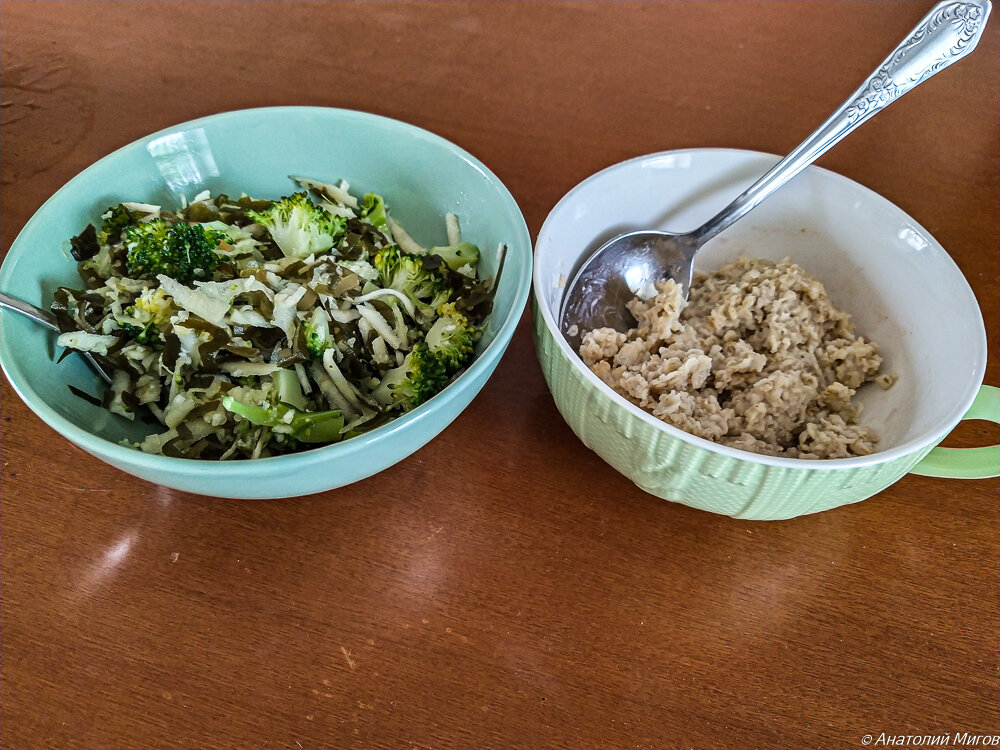 На фото: овсянка и салат - мой сегодняшний обед.