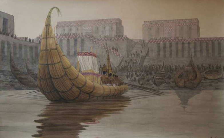 Реконструкция лодки у причала в Эриду. Источник: wikipedia.org