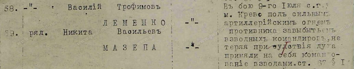 1917 год, фрагмент записи получения Георгиевского Креста (солдатский): Мазепа Никита Васильевич