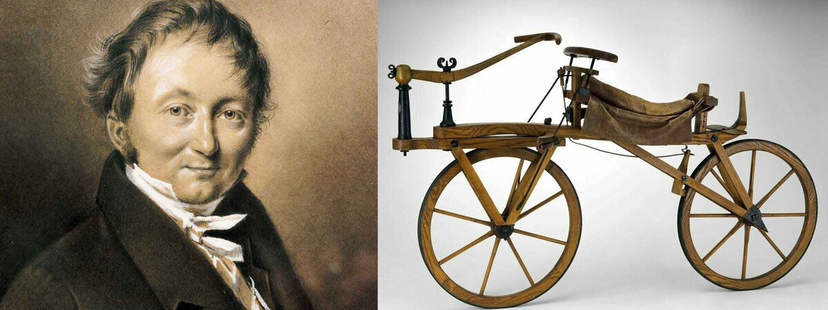 Карл фон Дрез и его детище. Фото для коллажа: https://clubhistory.ru/transport-2/pervyj-v-mire-velosiped-kto-ego-izobryol-i-kogda-on-poyavilsya.html и https://multiurok.ru/index.php/blog/karl-fon-driez-niemietskii-izobrietatiel.html
