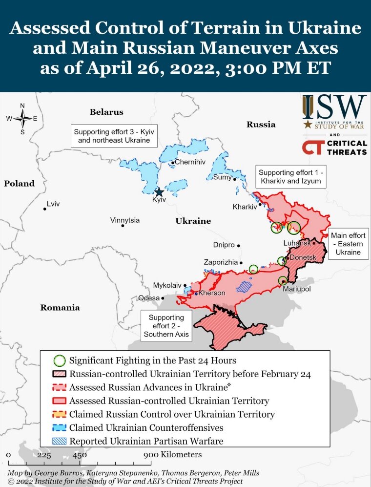 Ориентировочный контроль территорий российскими войсками по состоянию на 26 апреля по версии Институт изучения войны (США) 