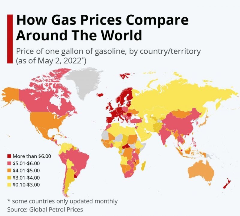 Стоимость бензина в мире в долларах за галлон (1 галлон = 3,785412 литра).