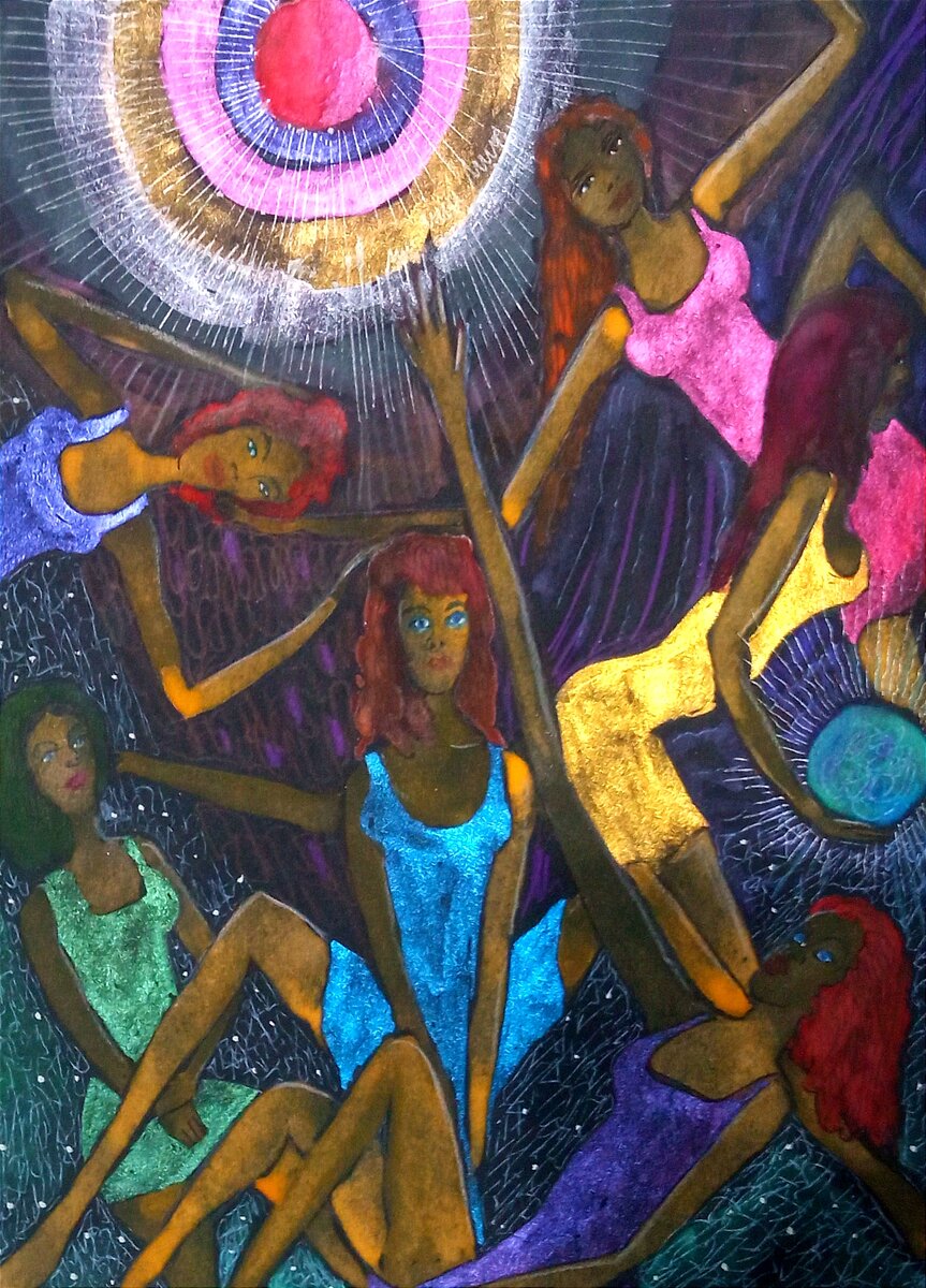 Акварель./ Тайные пляски,яркие краски,странные сказки ночи.Мерцанье света далёких звёзд;салют нашим смелым грёзам.Открытые широко глаза не приближают пространства,а в ночь протянутая рука возможно найдет посланца...🌀💫🌘🌌🪐✨